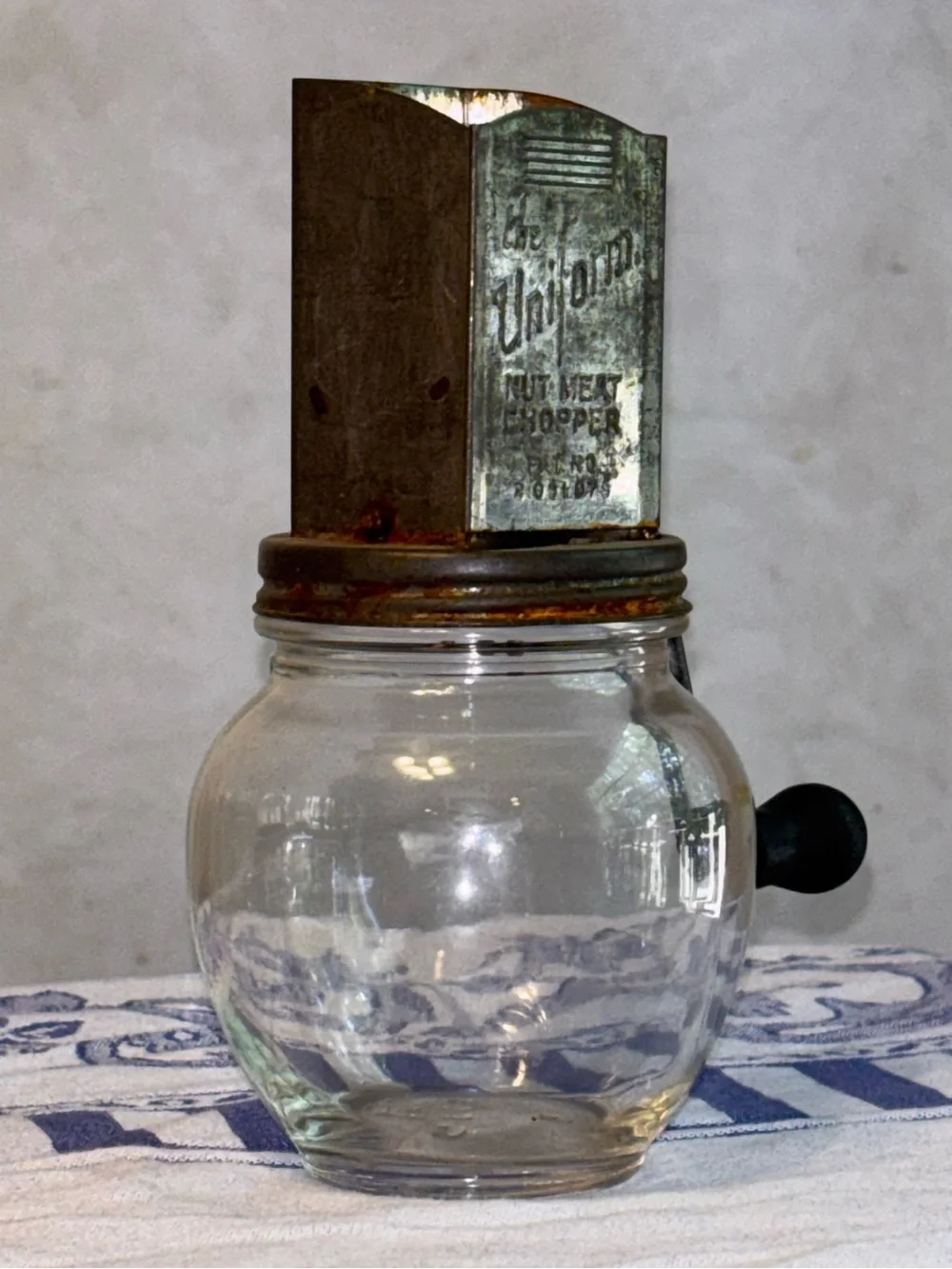 Vintage 1930s Uniform Nut Meat Chopper Hazel Atlas Glass Jar Hand Crank